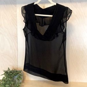 Women's Black Sheer Ruffle V-neck Blouse with Cap Sleeves.